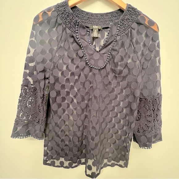 Alfani Petite Navy Blue Sheer & Lace Top - Picture 1 of 7